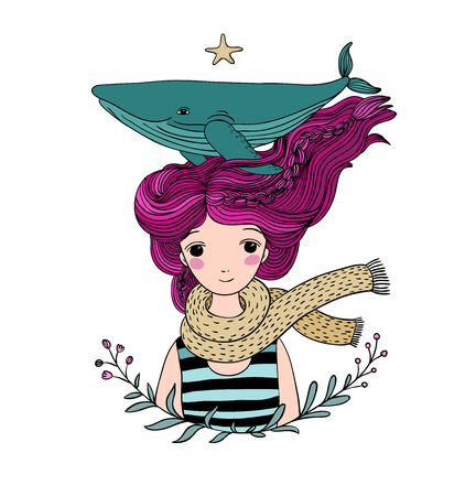 Beautiful young girl sailor with a whale in her hair. Sea animals. isolated objects on white background. Vector illustration.のイラスト素材
