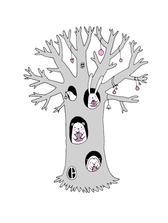 Magic tree, animals and gifts. Hand drawing isolated objects on white background. Vector illustration.のイラスト素材