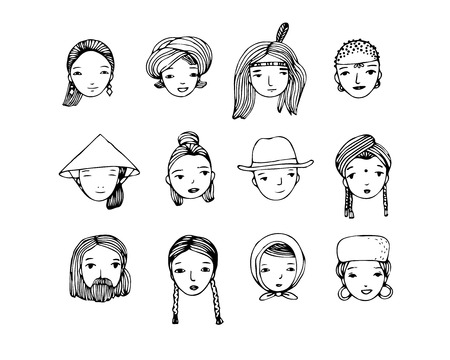 Different faces. Hand drawing isolated objects on white background. Vector illustration.のイラスト素材