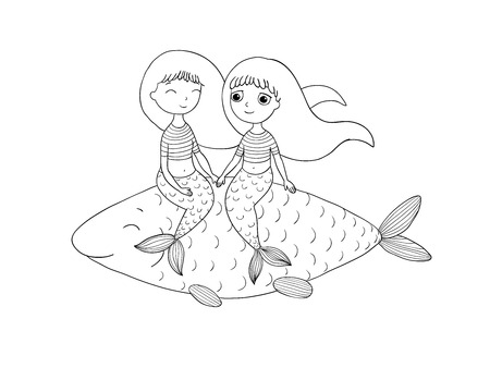 Beautiful little mermaid and fish. Siren. Sea theme.Hand drawn vector illustration on a white background.のイラスト素材