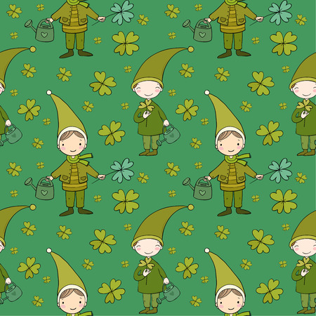 Pattern with cute gnomes. Clover and watering.のイラスト素材