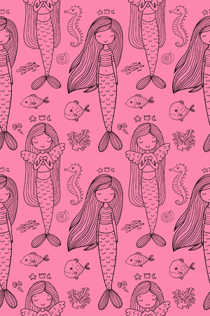 Pattern with cute little mermaid. Siren. Sea theme.のイラスト素材