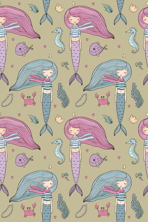 Pattern with cute little mermaid. Siren. Sea theme.のイラスト素材