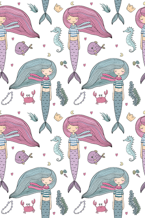 Pattern with cute little mermaid. Siren. Sea theme.のイラスト素材