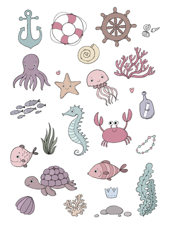 Marine illustrations set. Little cute cartoon funny fish, starfish, bottle with a note, algae, various shells and crab. Sea theme.のイラスト素材