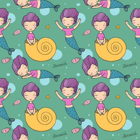Pattern with cute little mermaid. Siren. Sea theme.のイラスト素材