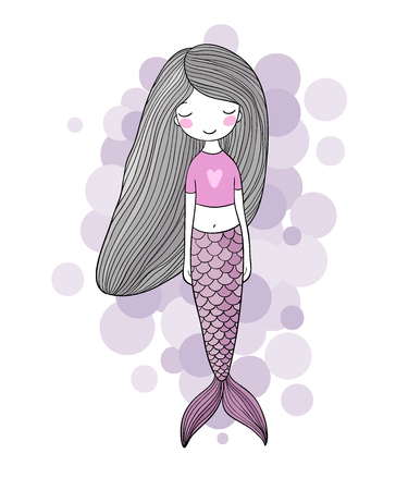 Beautiful cute cartoon mermaid with long hair. Siren. Sea theme.のイラスト素材