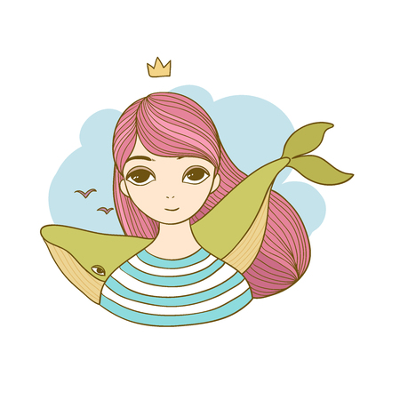 Beautiful young girl with a whale.のイラスト素材