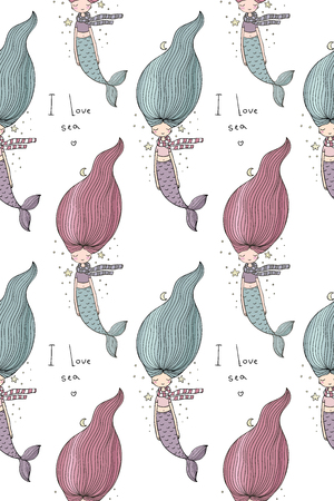 Pattern with cute little mermaid. Siren. Sea theme.のイラスト素材