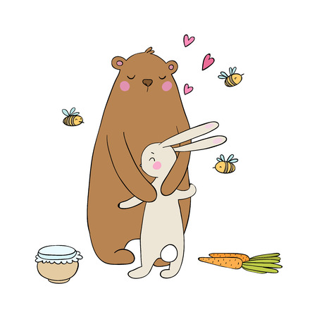 Lovely cartoon bear and hare. A pot of honey, carrots and bees. Happy animals. Isolated objects on white background.のイラスト素材