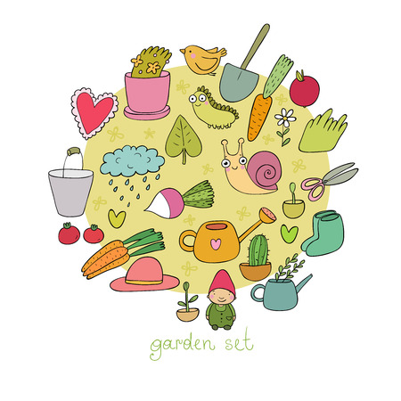 Set of garden objects. Plants, pots and tools for gardening. Vegetables and insects.のイラスト素材