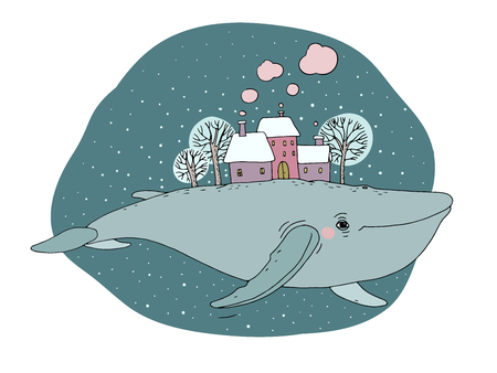 Big beautiful whale with houses and trees in the back.のイラスト素材