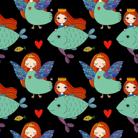 Pattern with girl Sirin, mermaid, and fish on a black background.のイラスト素材