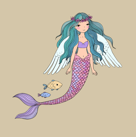 Cute cartoon mermaid and fish. Siren. Sea theme. isolated objects on white background. Vector illustration.の写真素材