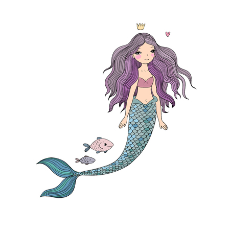 Cute cartoon mermaid and fish. Siren. Sea theme. isolated objects on white background. Vector illustration.の写真素材
