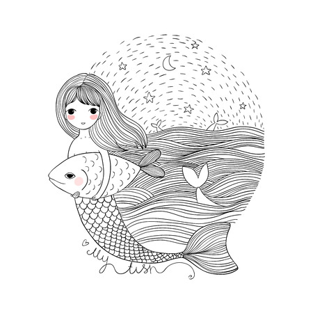 Cute cartoon mermaid and fish. Siren. Sea theme. isolated objects on white background.のイラスト素材