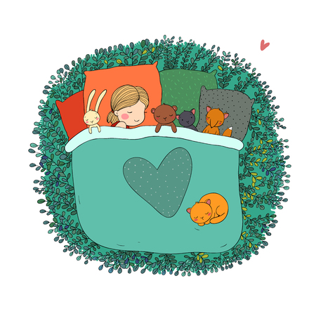 The child is sleeping with her toys.のイラスト素材