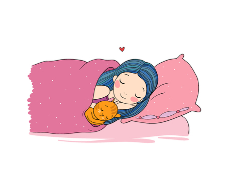 Sleeping girl and cat in bed. Good night.のイラスト素材
