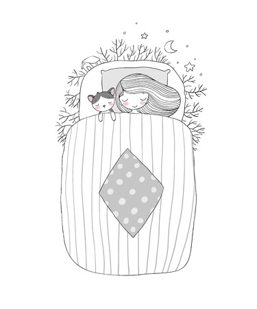 A girl and a cat sleep in bed. Good night.のイラスト素材