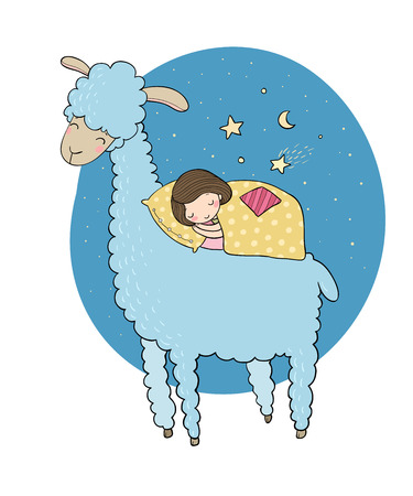 A sleeping girl and a cartoon lama.のイラスト素材