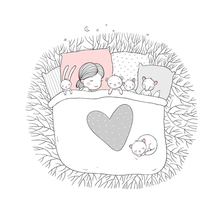 The child is sleeping with her toys.のイラスト素材