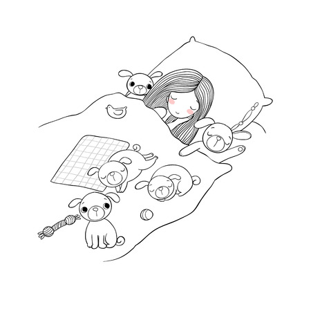 A little girl and cute pugs are sleeping on the bed.のイラスト素材