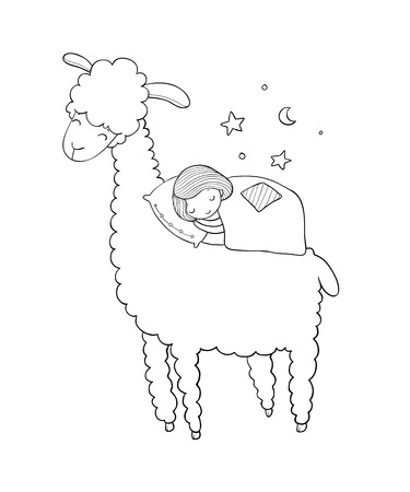 A sleeping girl and a cartoon lama. Good night.のイラスト素材