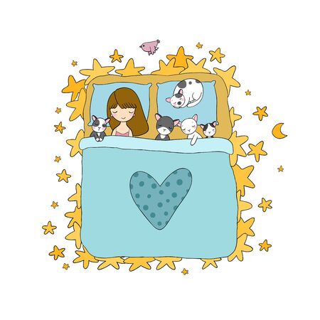 Sleeping girl and cat in bed. Good night.のイラスト素材