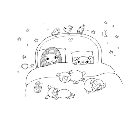 A little girl and cute pugs are sleeping on the bed.のイラスト素材
