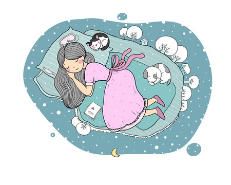 Girl, cats and dog sleep in bed. Good night.のイラスト素材