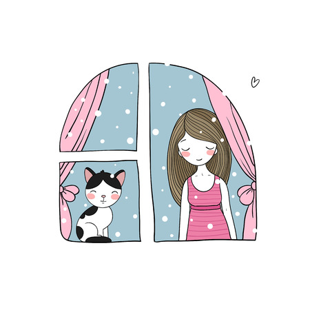 Girl and cat at the window.のイラスト素材