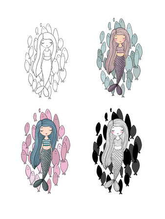 Set of Cute cartoon little mermaid. Siren. Sea theme.のイラスト素材