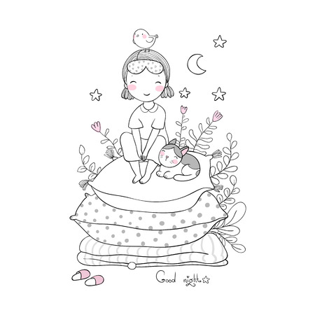 Girl and cats. Good night. Sweet dreams.のイラスト素材