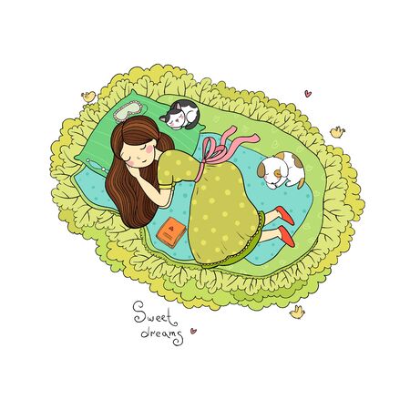 Girl, cats and dog sleep in bed. Good night.のイラスト素材