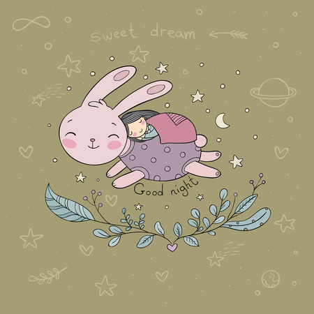 Sleeping Cartoon Girl and Bunny.のイラスト素材