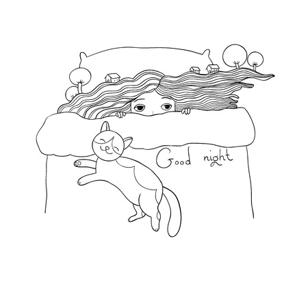 Girl and cats. Good night. Sweet dreams. Vector illustration. bed time. Isolated objects on white background. bed linen. Illustration for pajamasのイラスト素材