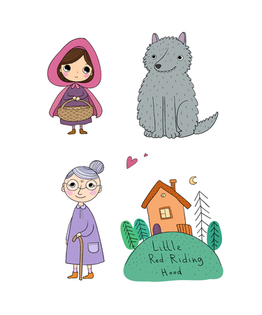 Little Red Riding Hood fairy tale. Little cute girl, wolf, grandmother and house. Hand drawing isolated objects on white background. Vector illustration.のイラスト素材