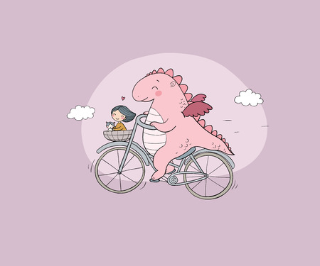 A funny cartoon dinosaur on a bicycle. Cute dragon traveler, girl and cat. Vector illustration.のイラスト素材