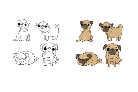 Cute Pugs. Dogs. Hand drawing isolated objects on white background.のイラスト素材