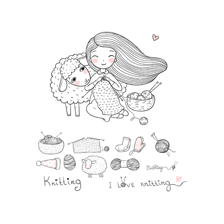 Knitting girl and a cute cartoon sheep. Handmade things. Vector illustration.のイラスト素材