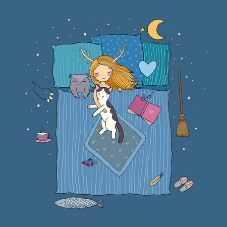Sleeping girl and cat. Good night. Sweet Dreams. Comfortable bed with pillows and blanket.a little witch and an owl. Happy Halloweenのイラスト素材