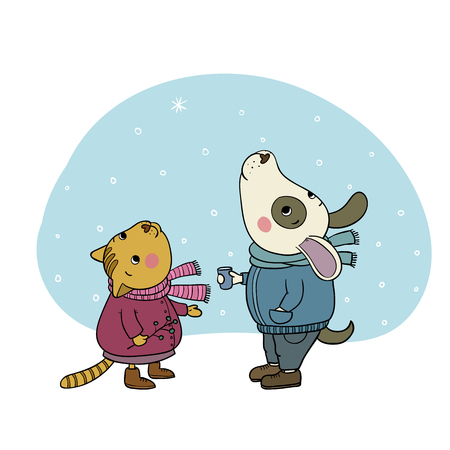 Winter postcard. Cute cartoon cat and dog. December day. Vectorのイラスト素材