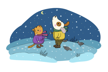Winter postcard. Cute cartoon cat and dog. December day. Vectorのイラスト素材