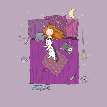 Sleeping girl and cat. Good night. Sweet Dreams. Comfortable bed with pillows and blanket.a little witch and an owl. Happy Halloweenのイラスト素材