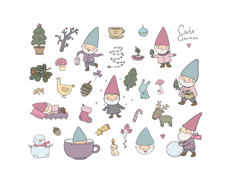 Cute cartoon gnomes. New Year set. Christmas elves. Vector illustration. Happy peoplesのイラスト素材
