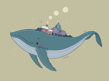 Beautiful cartoon whale and winter landscape. New Year card. Fabulous fish. Vectorのイラスト素材