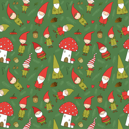 Cute cartoon gnomes. New Year s pattern. Christmas elves. Vector illustration.のイラスト素材