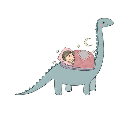 Sleeping girl and dinosaur. Good night sweet dreams. Vectorのイラスト素材