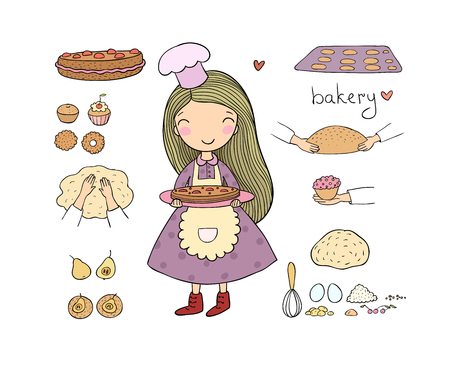 cartoon girl bakes a cake on a white background. cute woman cooks in the kitchen. Small home bakery. Small home bakery. Vectorのイラスト素材