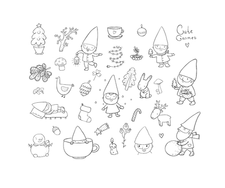 Cute cartoon gnomes. New Year set. Christmas elves. Vector illustration. Happy peoplesのイラスト素材
